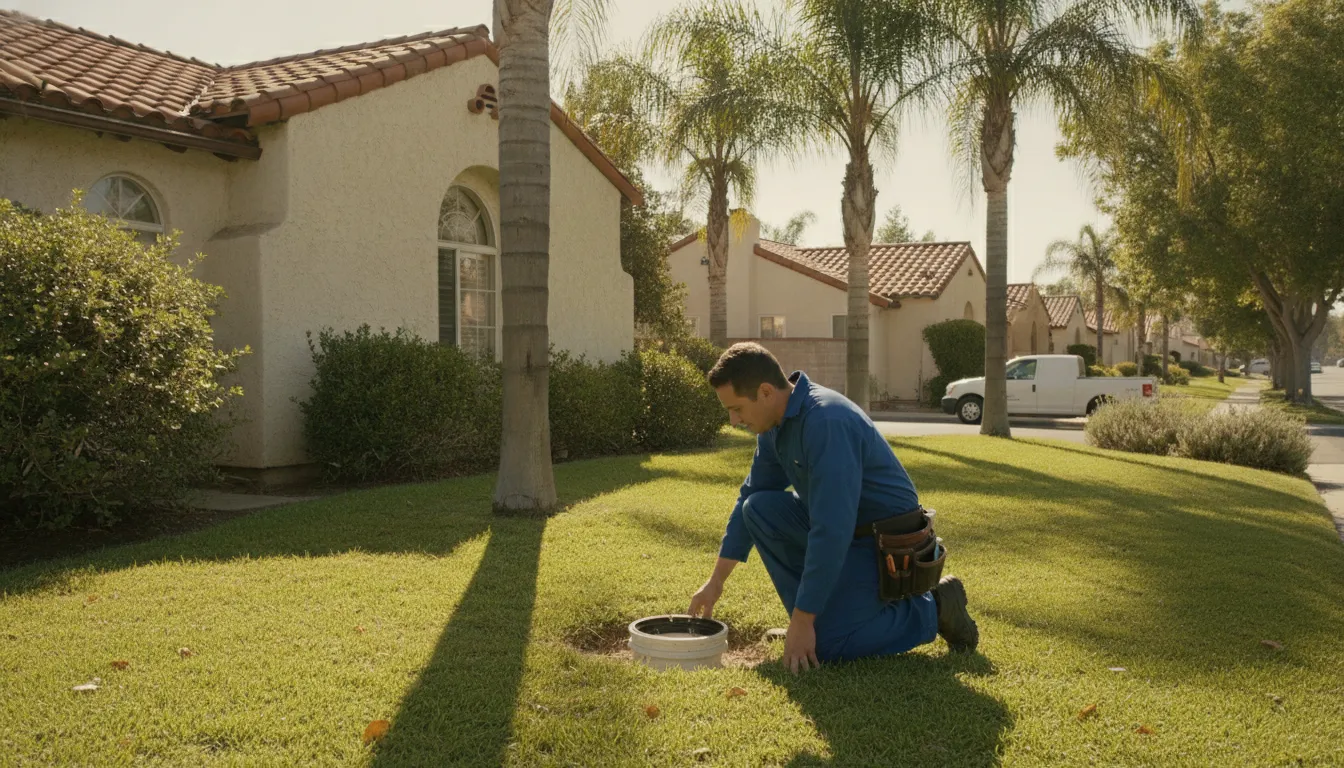 Plumbing technician inspecting a sewer cleanout in the yard of an older Inland Empire home with mature trees