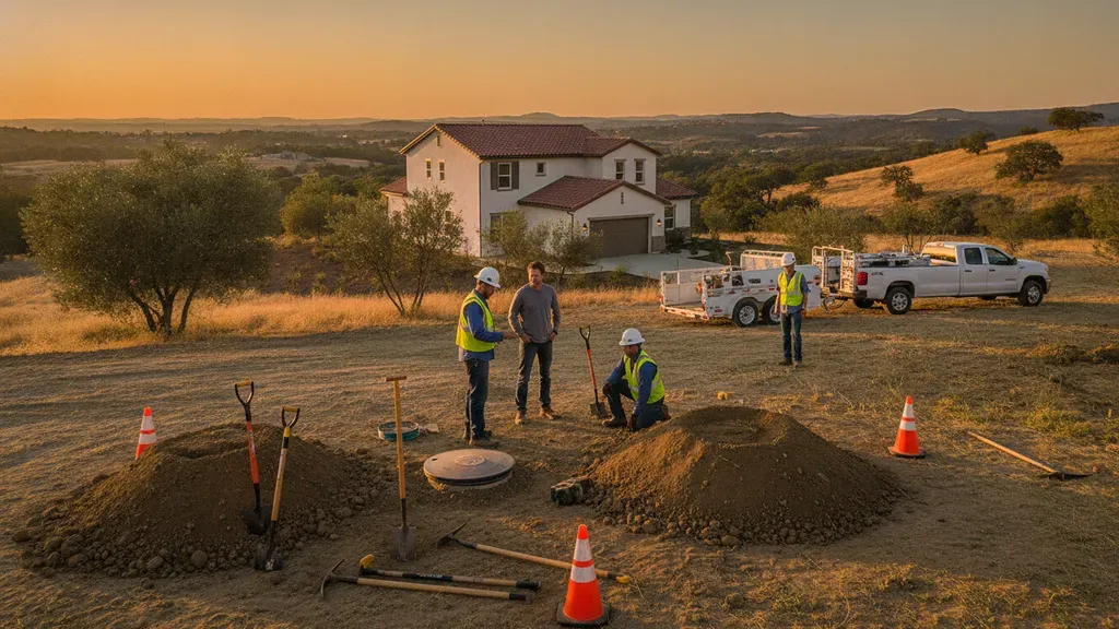Technician and homeowner planning an affordable septic system installation at an Inland Empire property