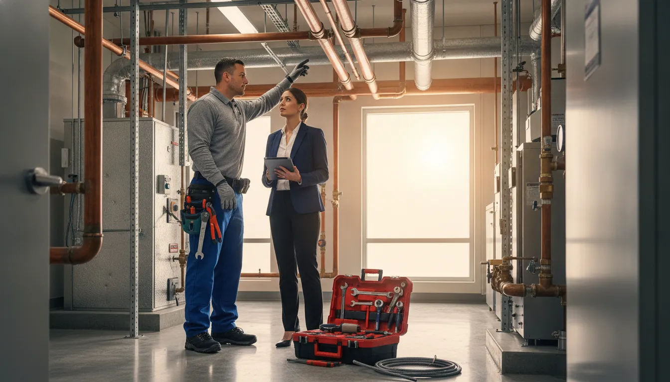 Commercial plumber reviewing a business plumbing system