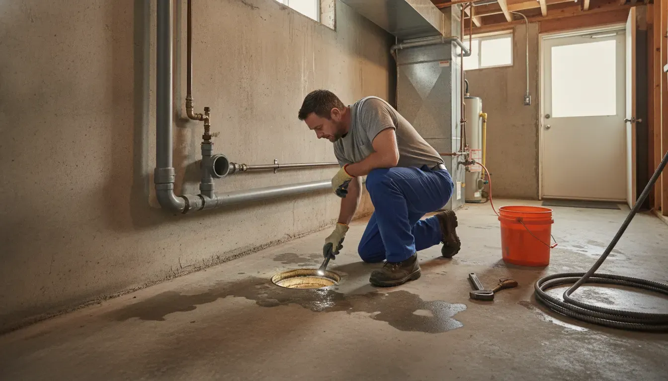 Plumber inspecting a basement floor drain after a sewer backup