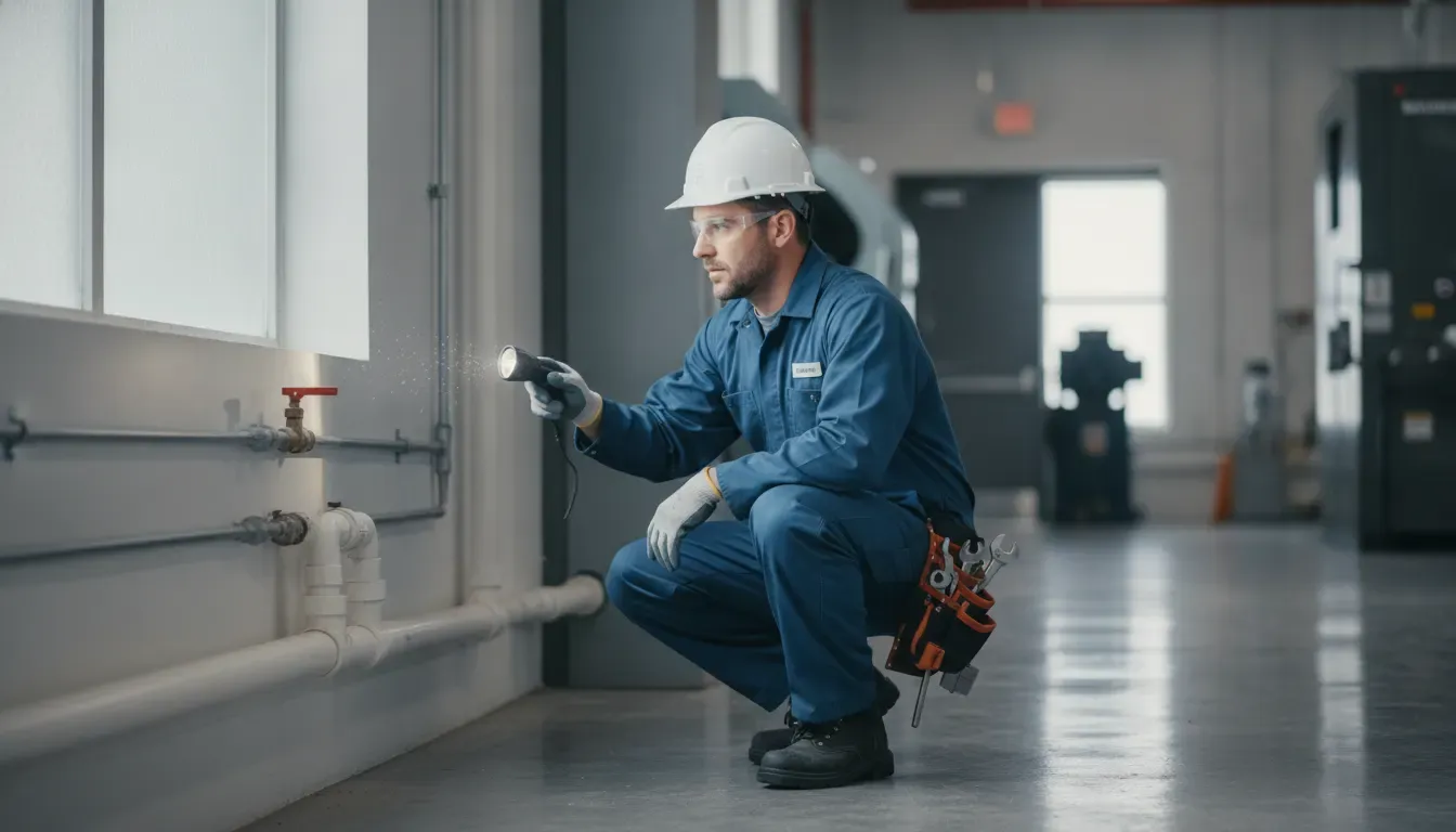 Commercial plumber inspecting pipes during a commercial plumbing repair