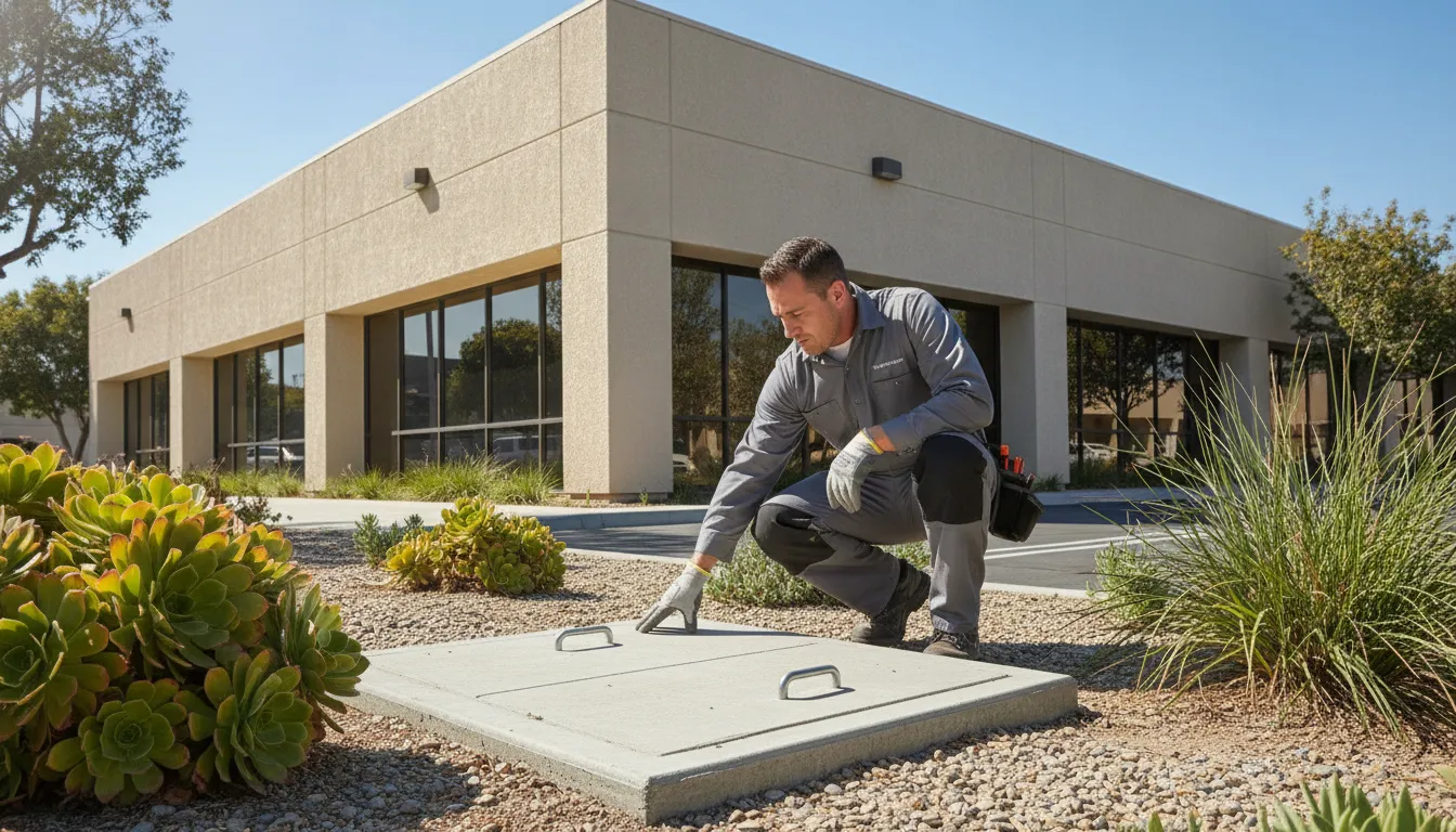 Technician assessing a commercial septic system repair site in Bloomington