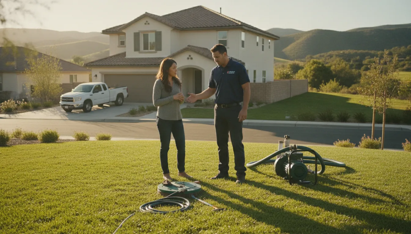 Septic technician discussing a property assessment with a homeowner