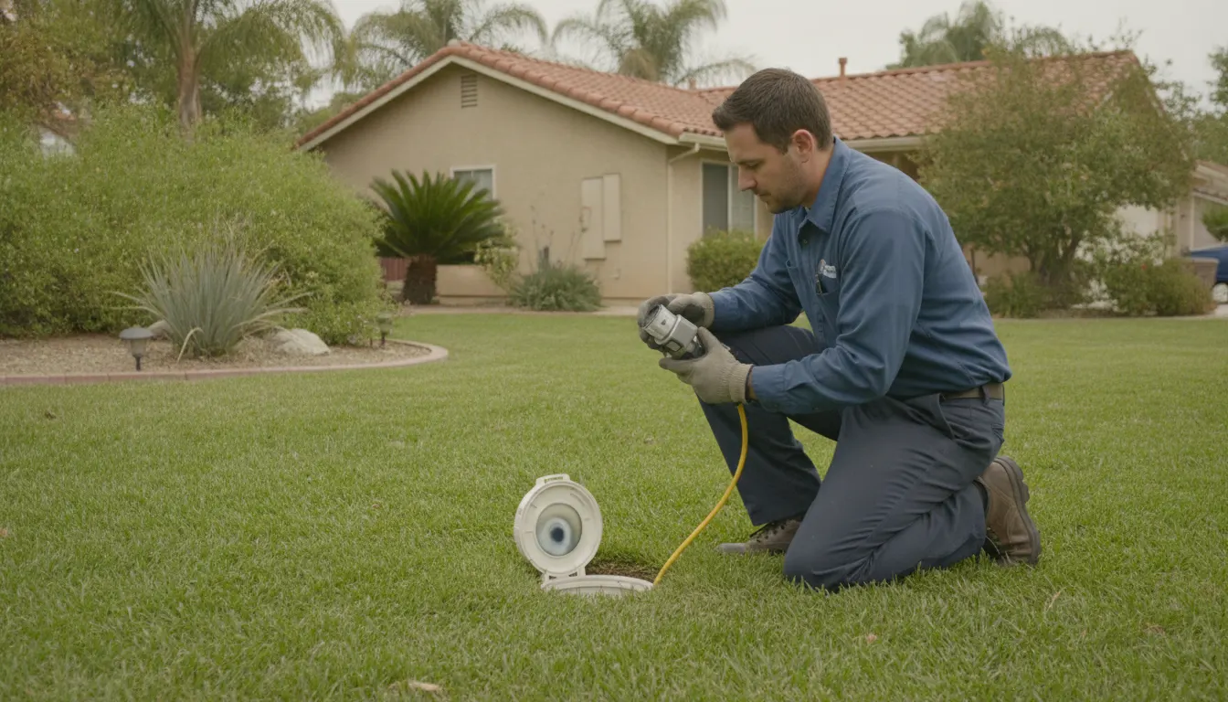 Plumber using a sewer camera at a residential cleanout in the Inland Empire