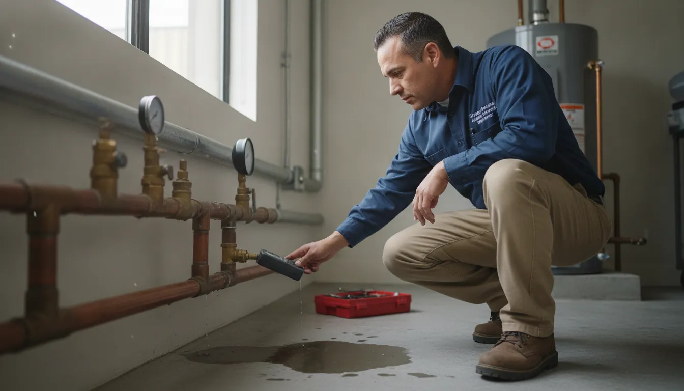Plumbing professional inspecting commercial water pipes for a leak
