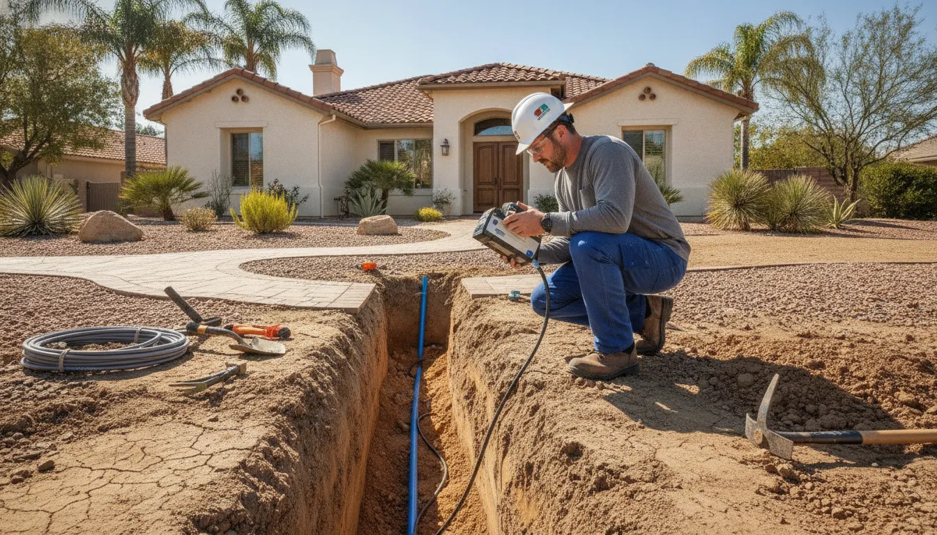 Plumber evaluating an underground main water line near an Inland Empire property