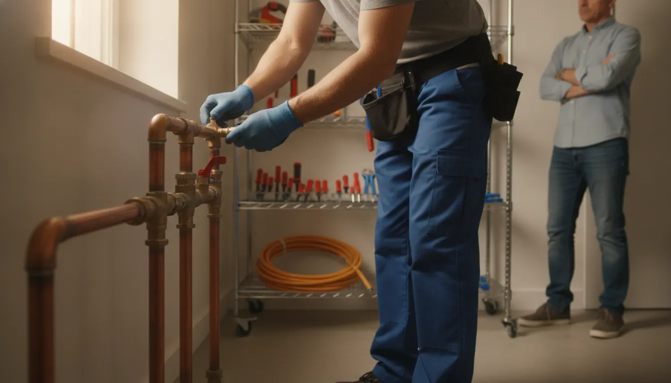Plumber inspecting exposed pipes during a residential plumbing repair visit