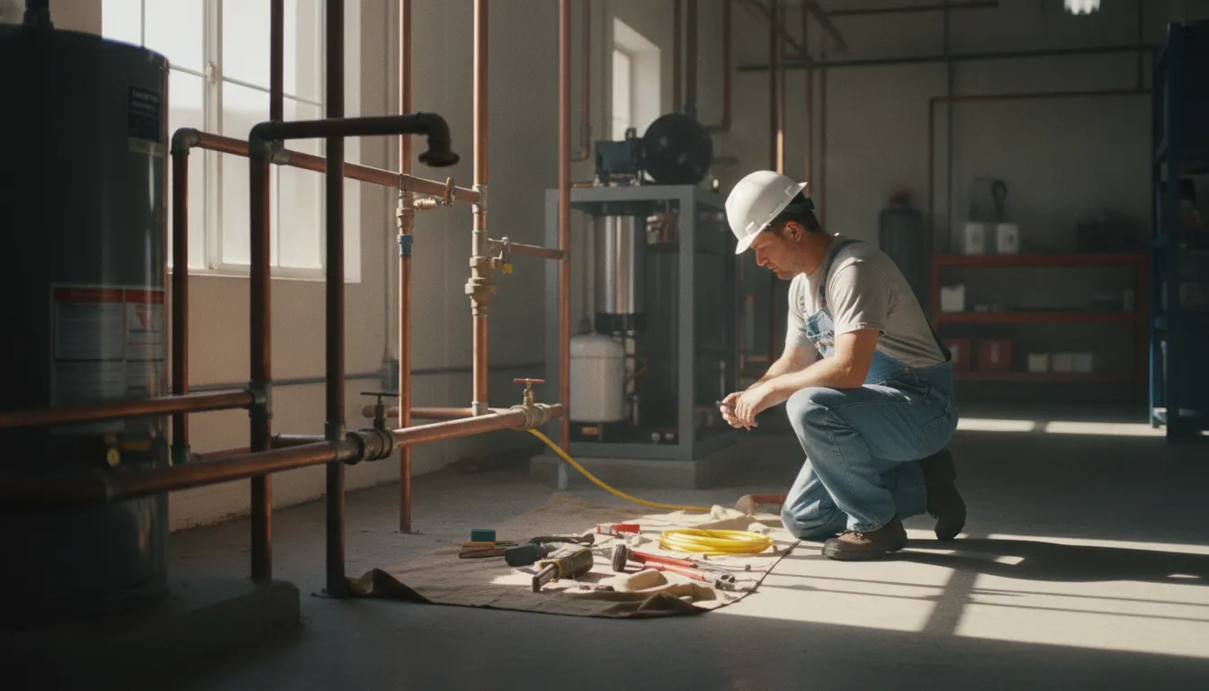 Professional plumber inspecting residential and commercial plumbing infrastructure