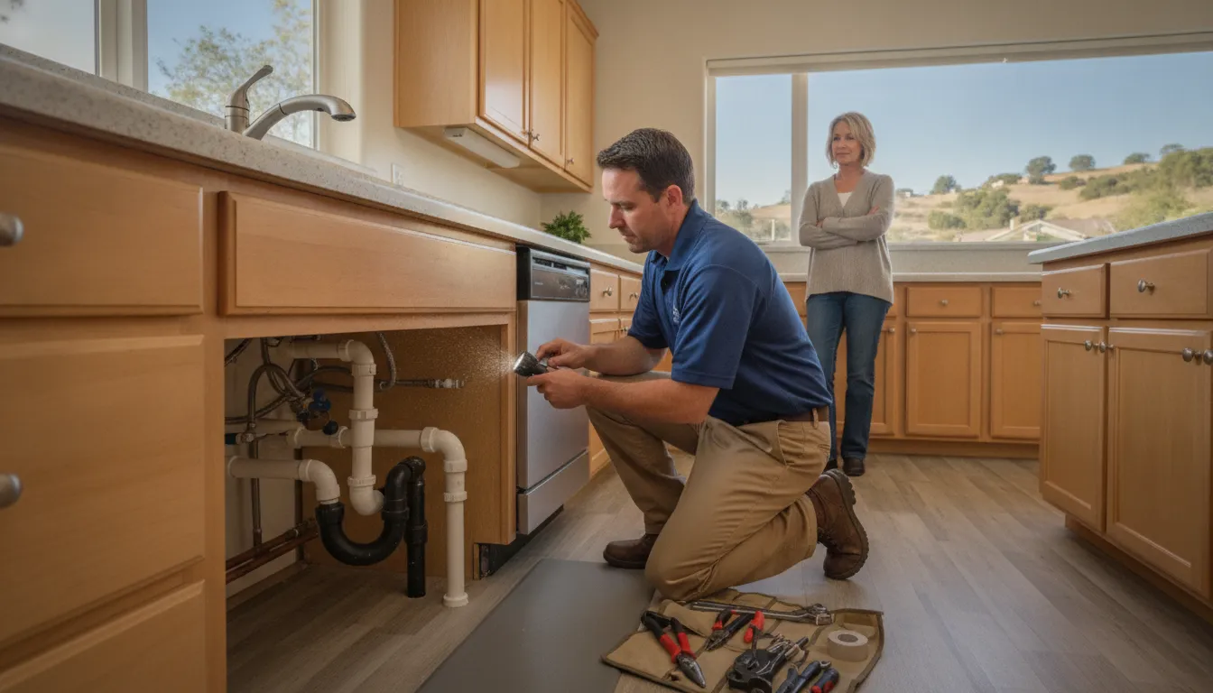 Plumber assessing residential plumbing services in a Yucaipa home