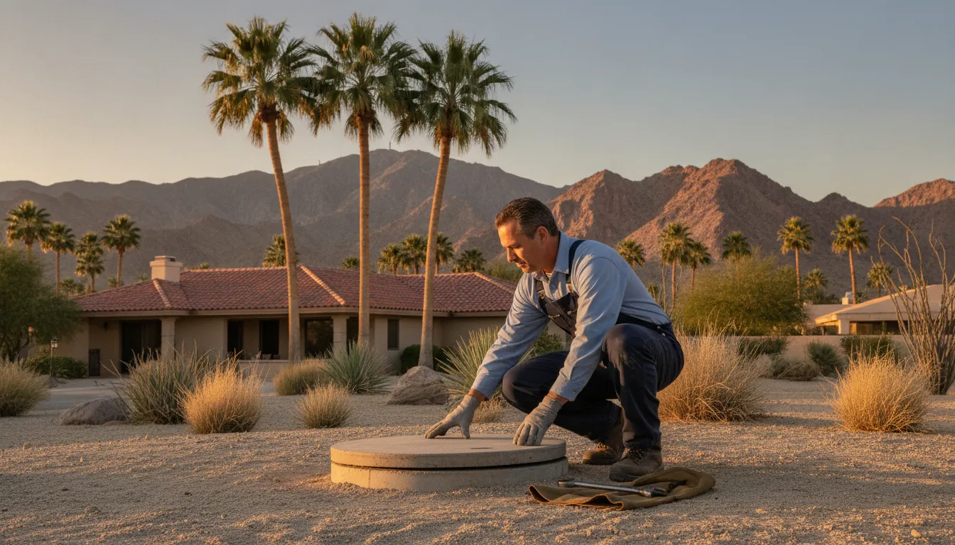 Septic professional assessing a residential septic system in a Palm Desert setting