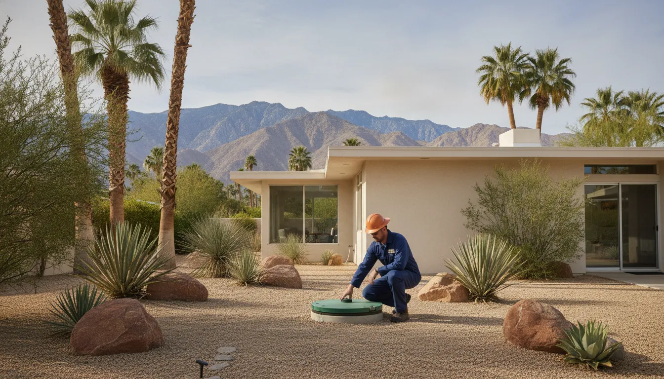 Plumbing professional inspecting a septic system at a Palm Springs desert home