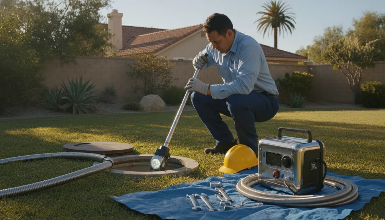 Professional technician inspecting a septic system in a Southern California backyard