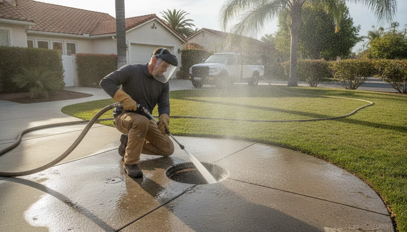 Professional sewer cleaning technician clearing a residential sewer line