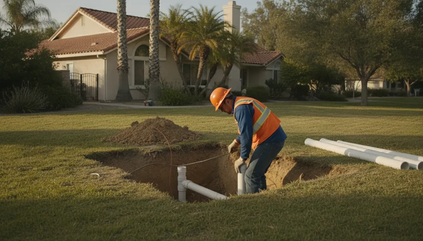 Plumbing professional inspecting an underground sewer lateral replacement route