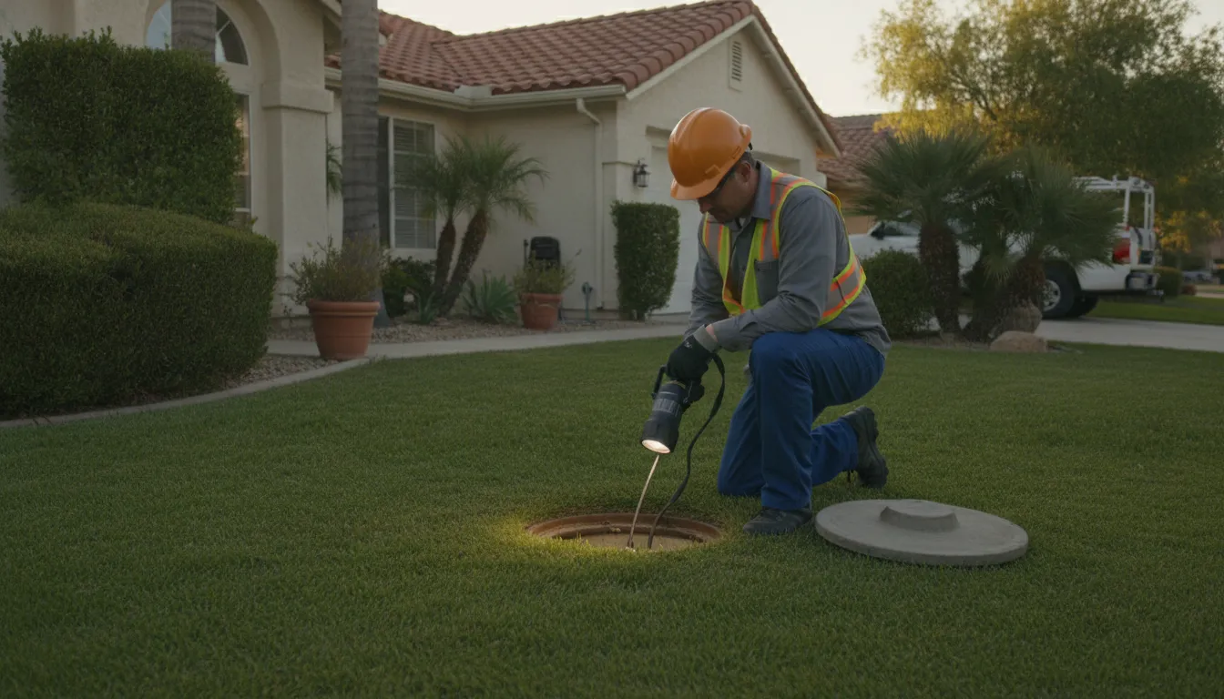 Plumber inspecting an underground sewer line at a residential property