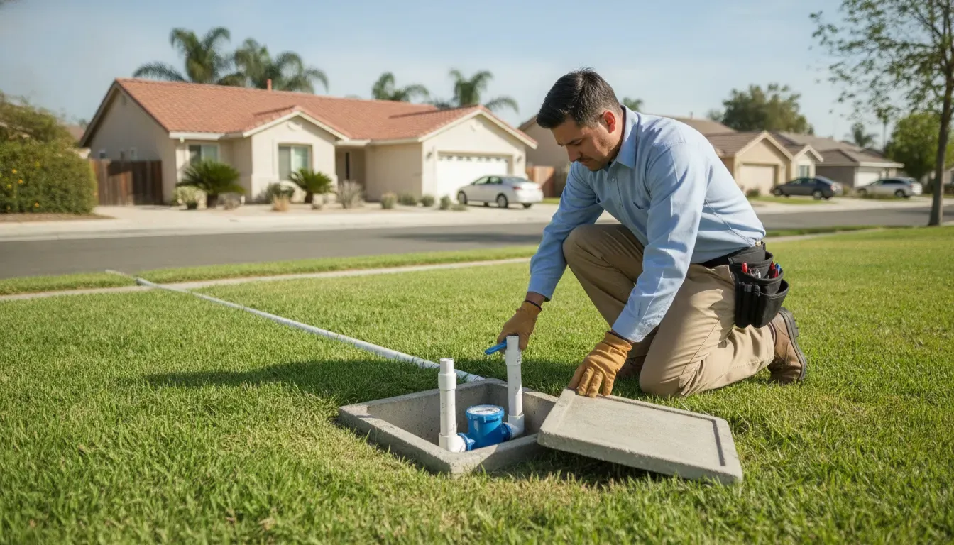 Plumber inspecting a residential water meter and service line