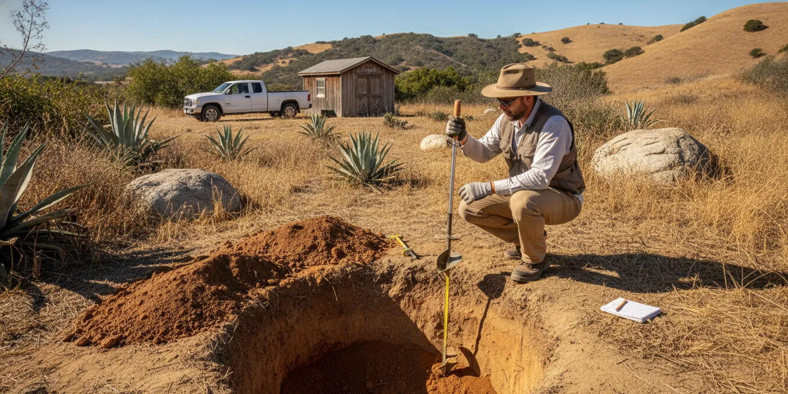 Technician assessing soil conditions at a proposed septic system site